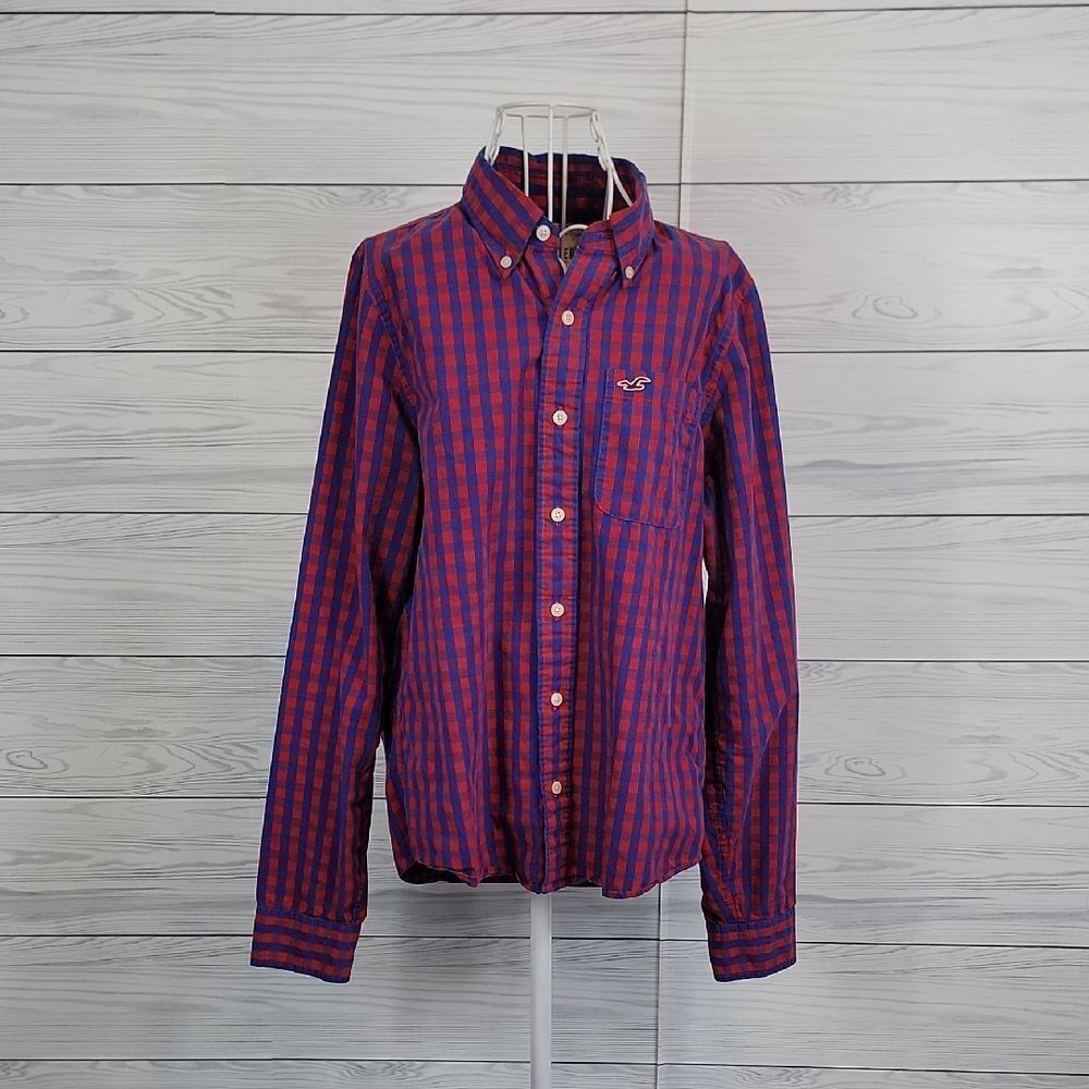 Hollister Red and Blue Checkered Plaid Men's Button Down Shirt Size L